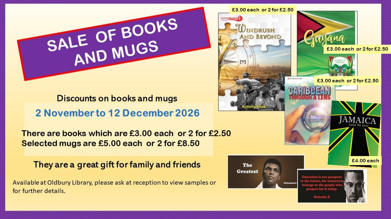 Sale of Mugs and books at Oldbury Library Sandwell Council House, Freeth St, Oldbury B69 3DE Phone: 0121 569 4955 Sale of Mugs and books at Oldbury Library Sandwell Council House, Freeth St, Oldbury B69 3DE Phone: 0121 569 4955